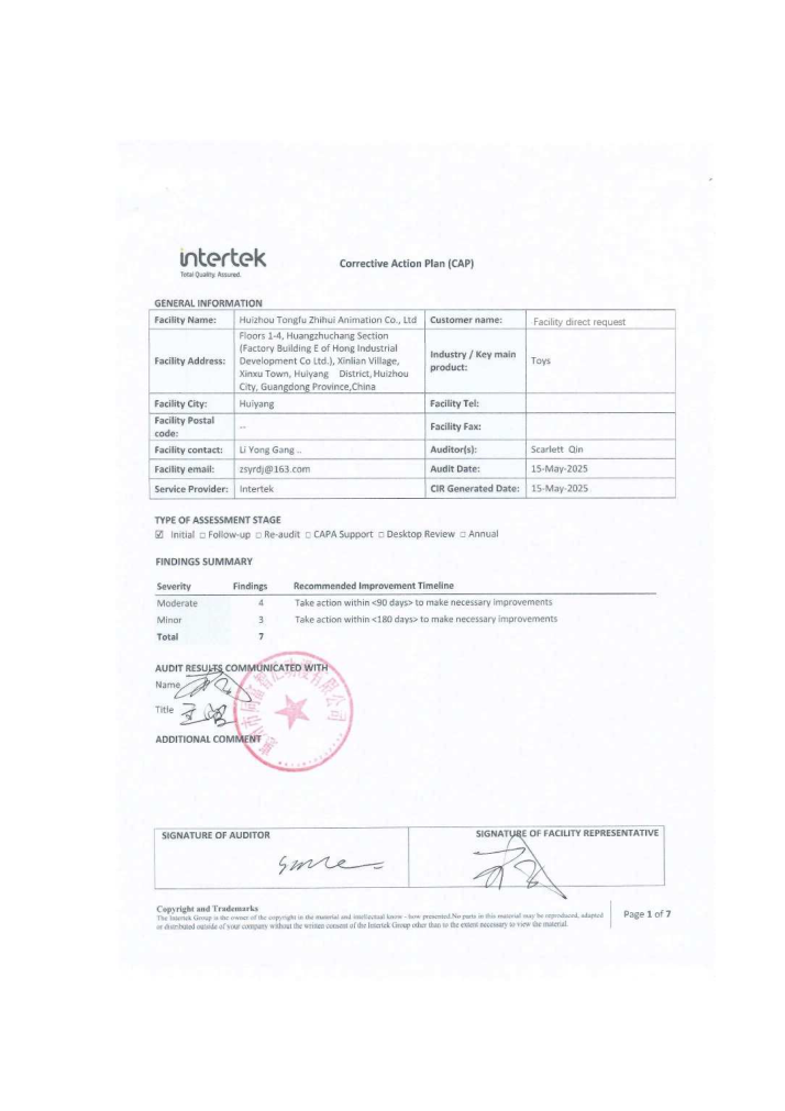 On-site corrective action plan