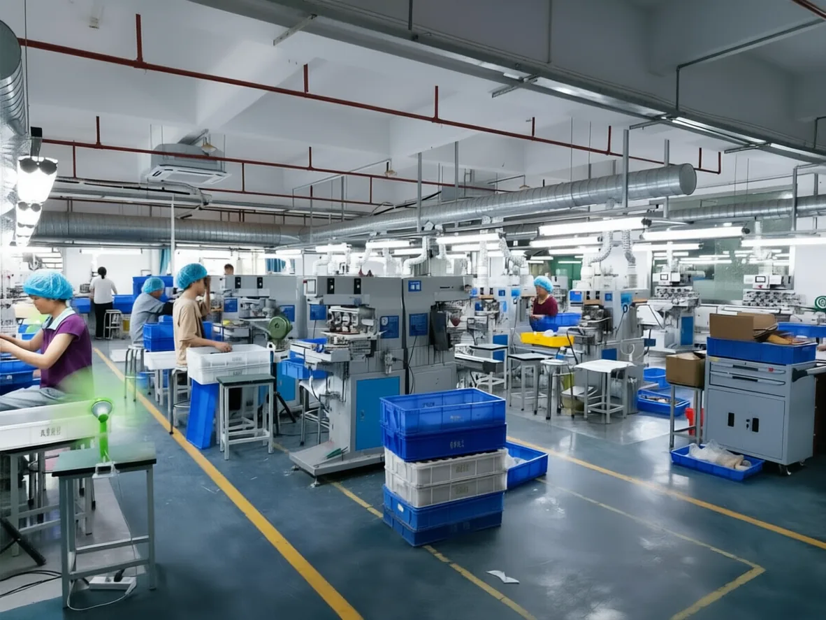 Packaging workshop — assembly line with packing stations